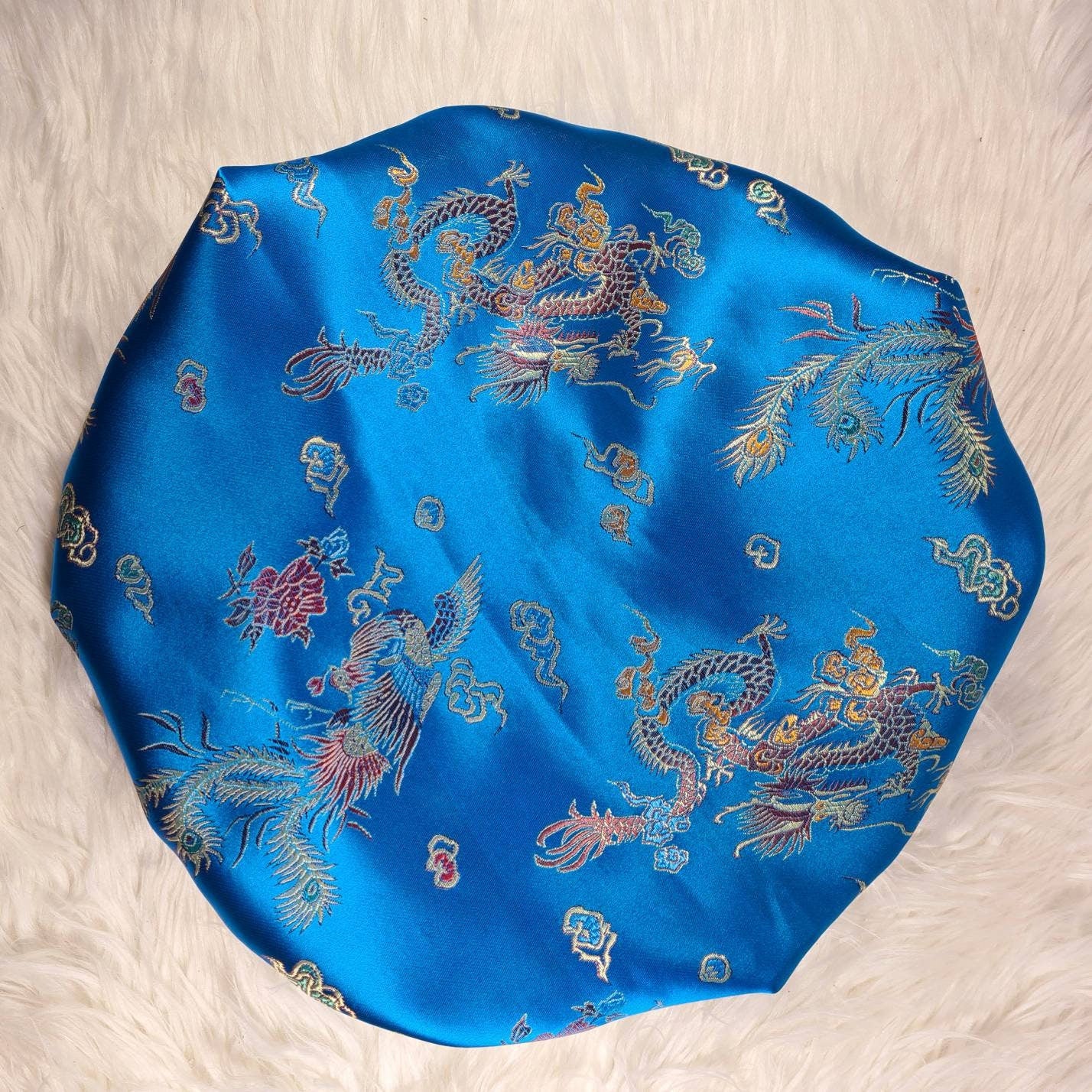 Turquoise Chinese Print Satin Bonnet| Limited Edition