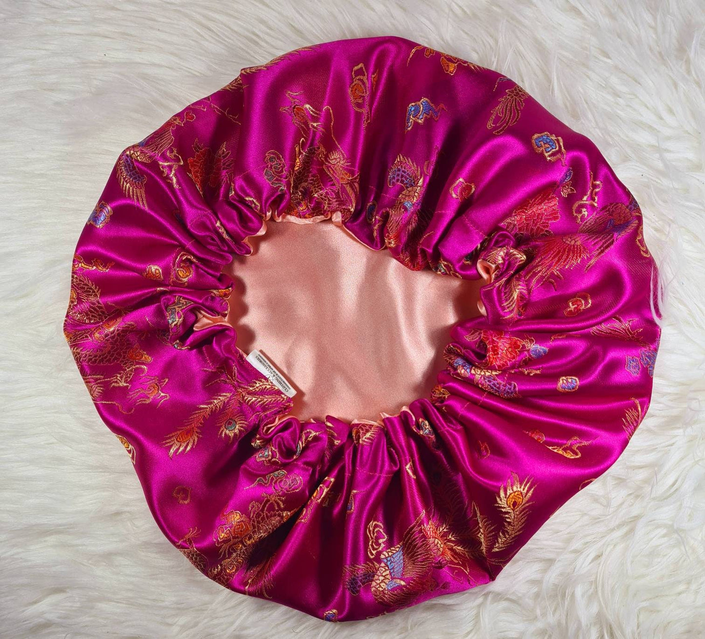 Cerise Pink Chinese Print Satin Bonnet| Limited Edition