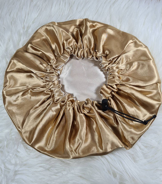 Gold Adjustable Drawstring Reversible Satin hair bonnet|Satin Elasticated, Sleep Hat Bonnet, Night Cap, Protecting Hairstyle.