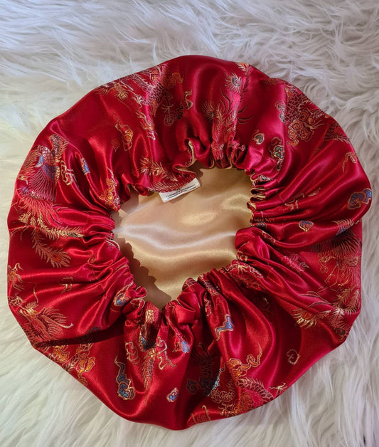 Red Chinese Print Satin Bonnet| Limited Edition