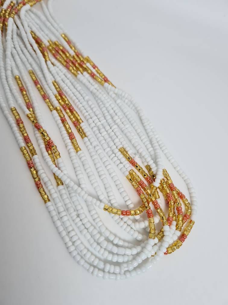 White and Gold Waist Beads|On Sale Belly Chain Weight control African beads|belly beads| Ghana beads|Weight Tracker|Small waist beads